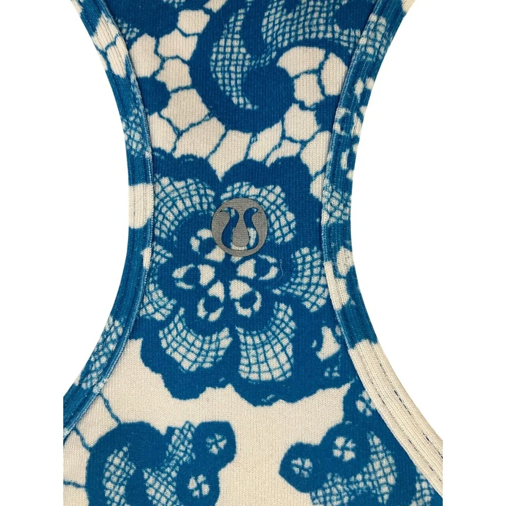 Lululemon Racerback Tank Top Blue‎ White Floral Lace Print Activewear
